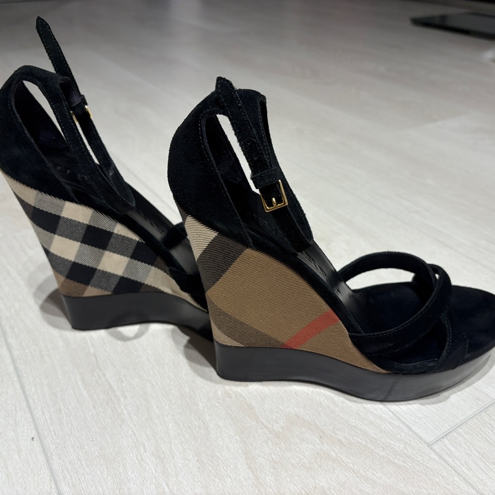 Burberry Black and Tan Wedge Heels